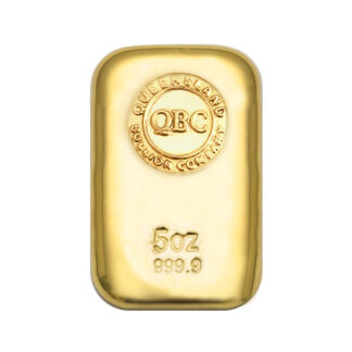 Photo of a 5oz Gold Cast Bar from Queensland Bullion Company 1300 995 997